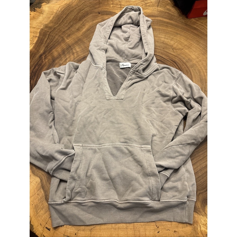 Rowan Avery French Terry V-Neck Hoodie Sweatshirt Mens M Taupe Made In USA